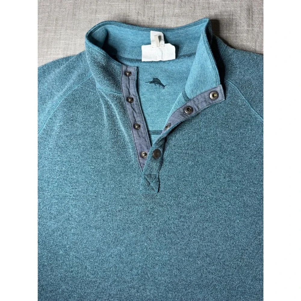 Tommy Bahama Reversible Quarter Snap Pullover Mens Large Teal Blue Mock Neck L/G